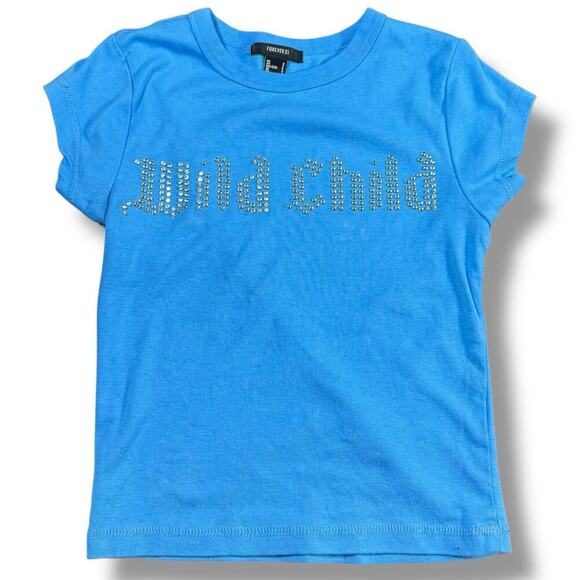Forever 21 Y2K Rhinestone Baby Tee Women’s Small Blue Wild Child Graphic Mcbling - Picture 2 of 7